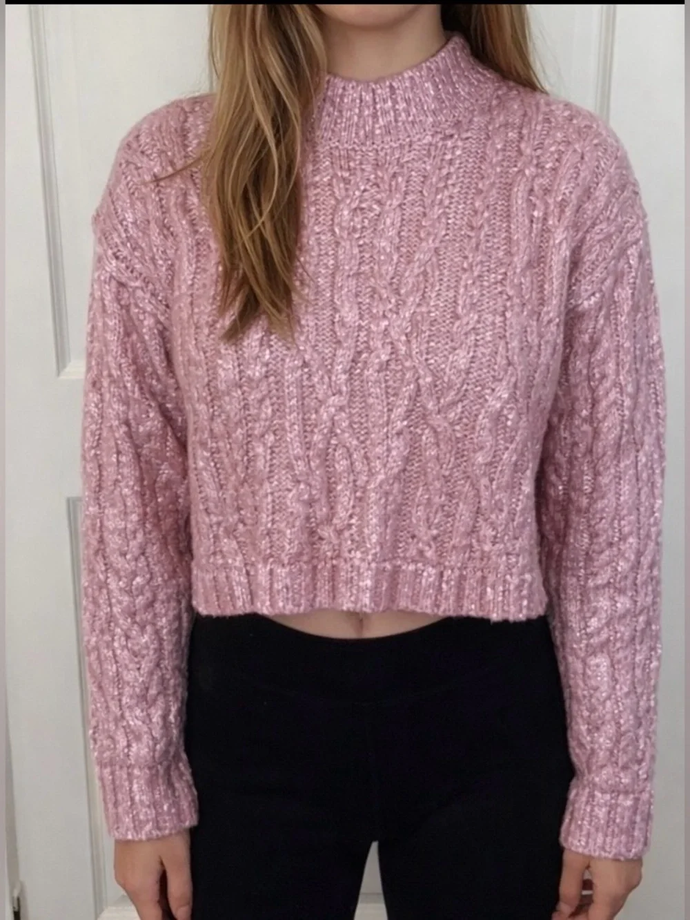 ZARA Girls Metallic Pink Cable Knit Cropped Sweater Shimmer Knit Mock Neck XS - Picture 1 of 9